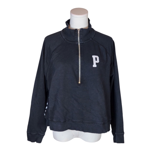VS PINK Quarter Zip Pullover Sweatshirt Black Logo Side Stripe Relaxed Fit - Picture 1 of 10